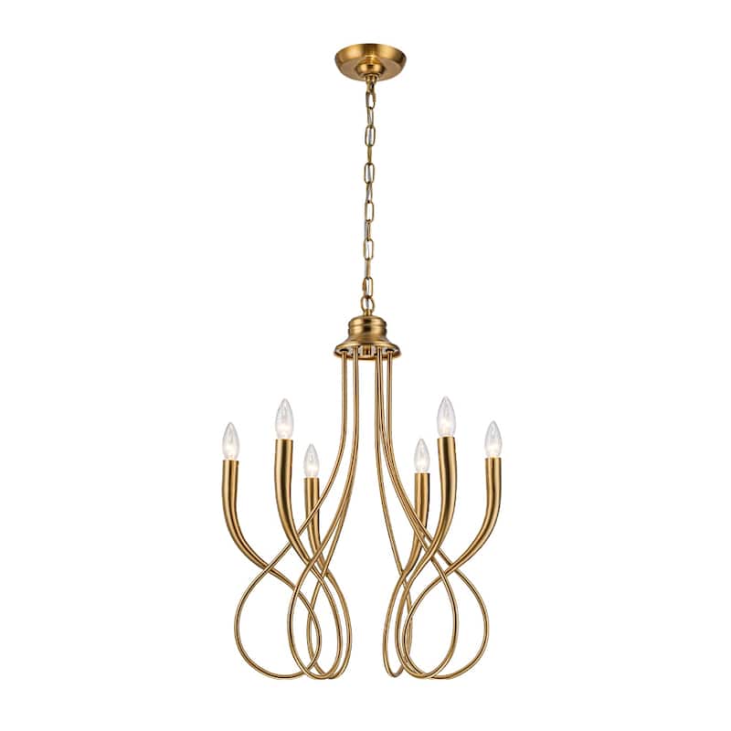 20'' 6-Light Plated Brass Candelabra Chandelier with Curved Arms Mid-Century Modern Pendant Light for Dining Room or Entryway