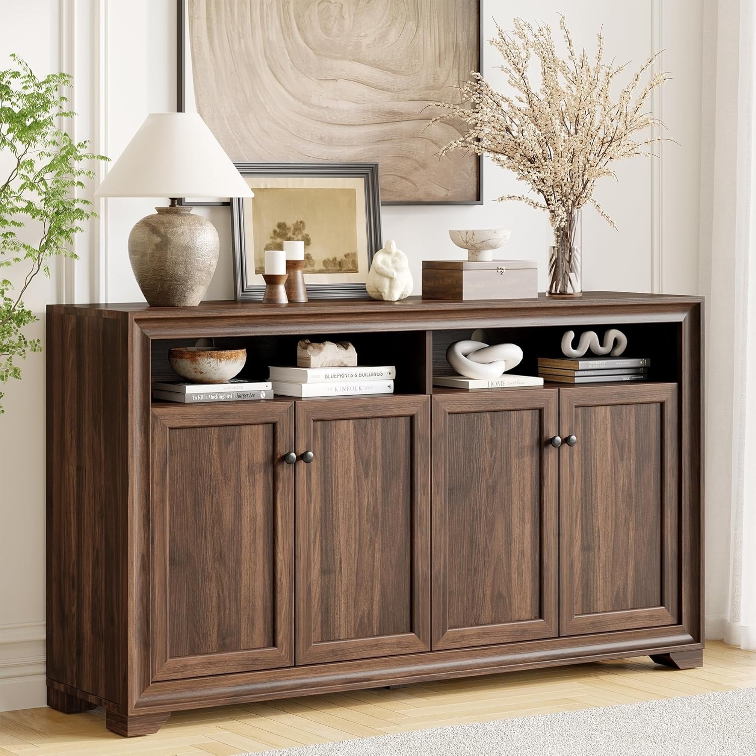 60" Sideboard Cabinet with 4 Doors, Open & Adjustable Shelves, Coffee Bar Console for Living Room, Hallway, Brown
