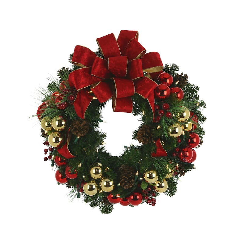 26 in Evergreen Holiday Wreath with Berries, Ornaments, Bows and Lights - Red, Green, Gold - 26Hx26Wx9D