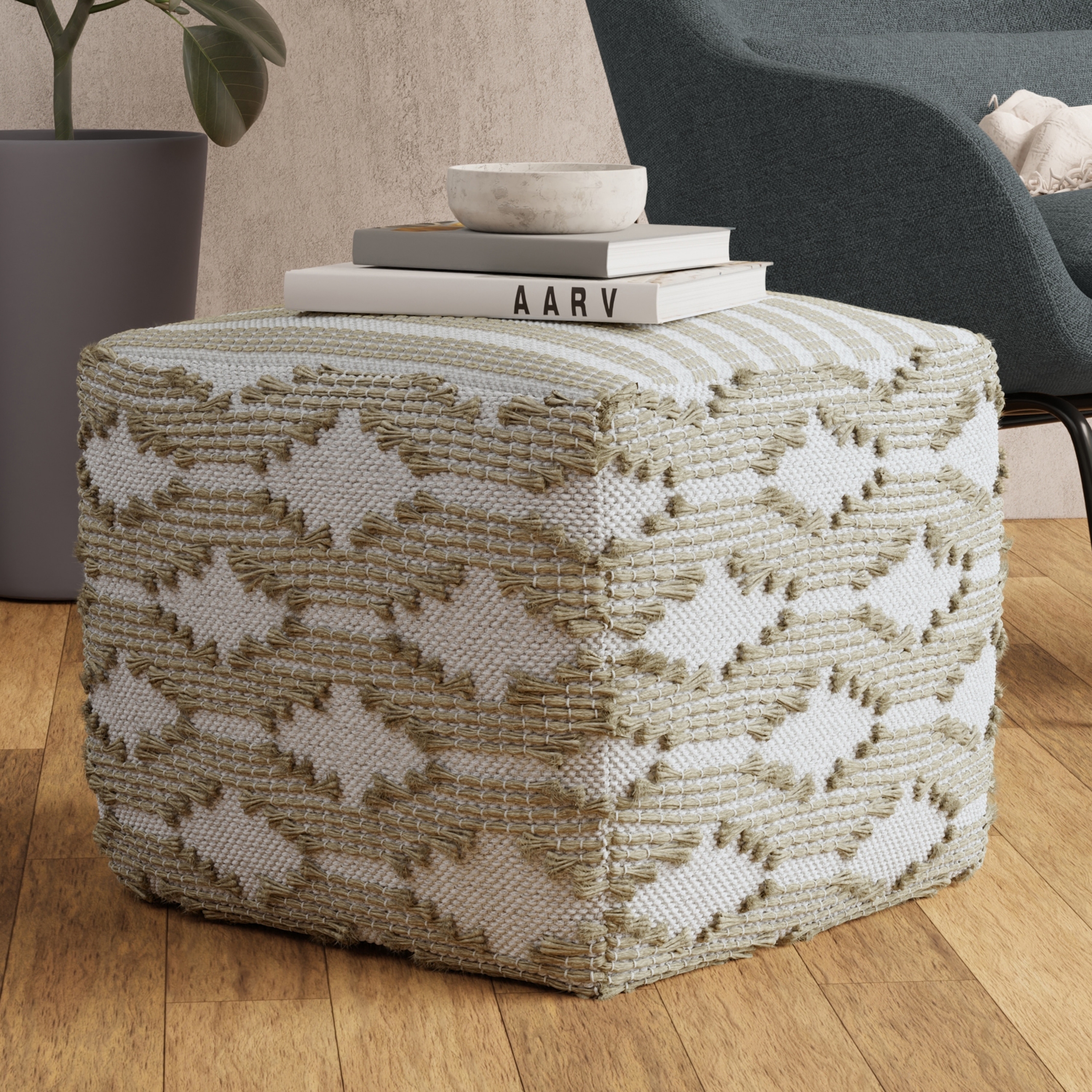 WYNDENHALL Rowan Hand Woven Cotton/Jute Square Pouf Ottoman in Natural and White