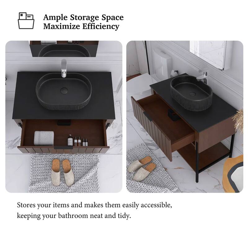 36" Freestanding Bathroom Vanity with Black Ceramic Basin and Open Shelf - 35.83'' x 18.9'' x 33.46''