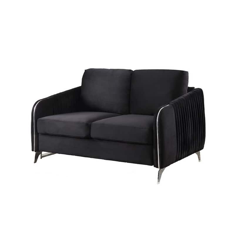 54 Inch Modern Loveseat, Vertical Quilted Design, Jet Black Velvet Fabric - Black