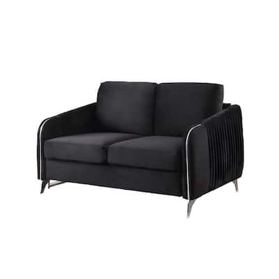 54 Inch Modern Loveseat, Vertical Quilted Design, Jet Black Velvet Fabric