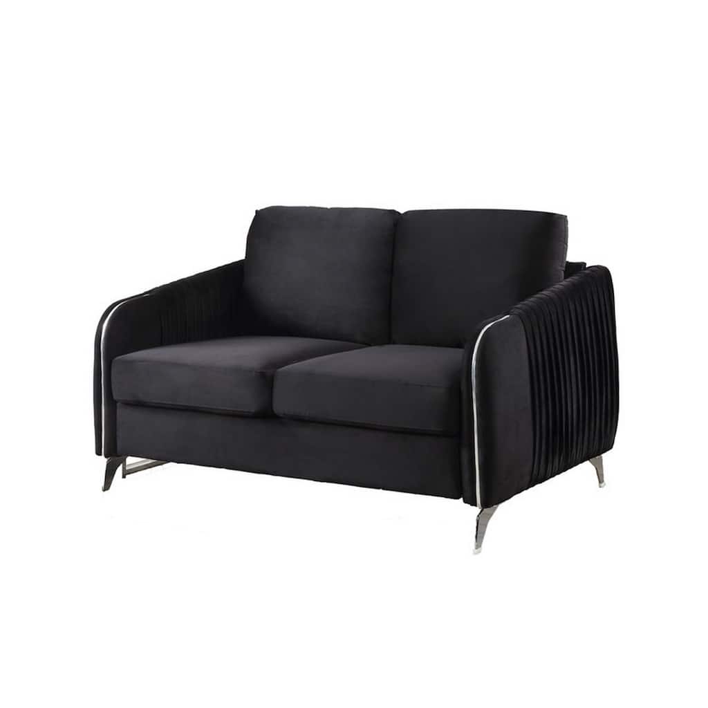 54 Inch Modern Loveseat, Vertical Quilted Design, Jet Black Velvet Fabric