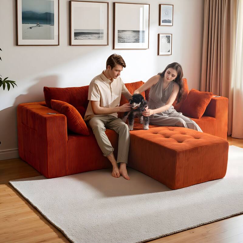 Corduroy Modular Sectional Sofa - 35.8"D x 101"W x 26.3"H