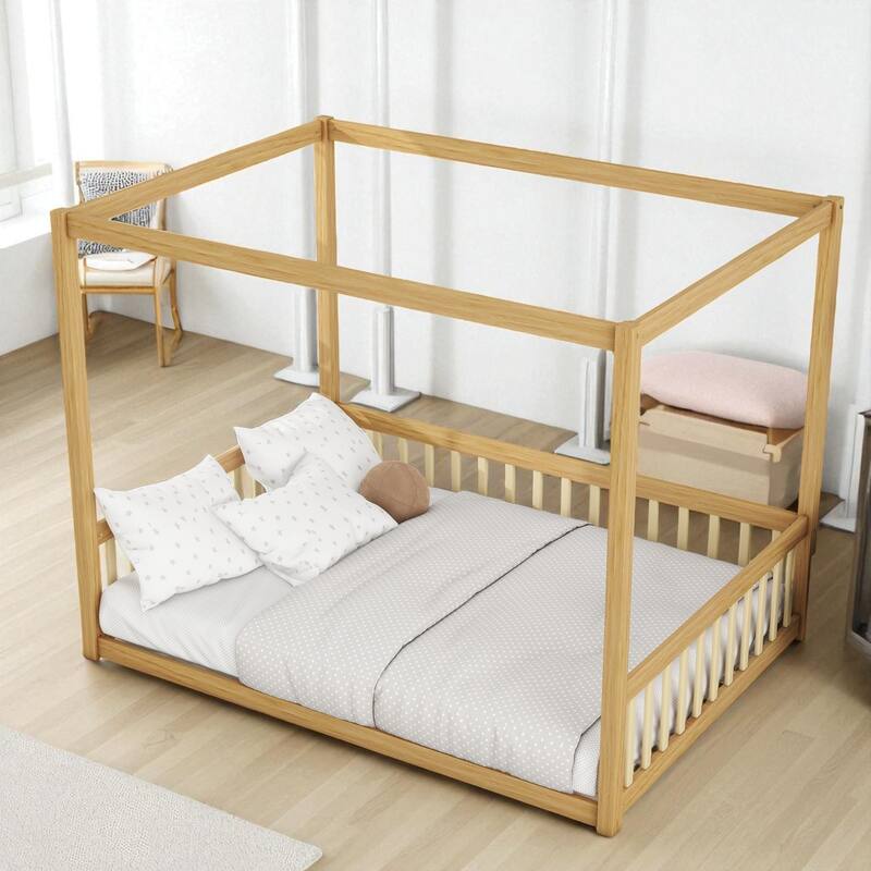 Full Size Wooden Canopy Floor Bed with Guardrails and Fence, Rubber Wood Frame, Kids Montessori Bed