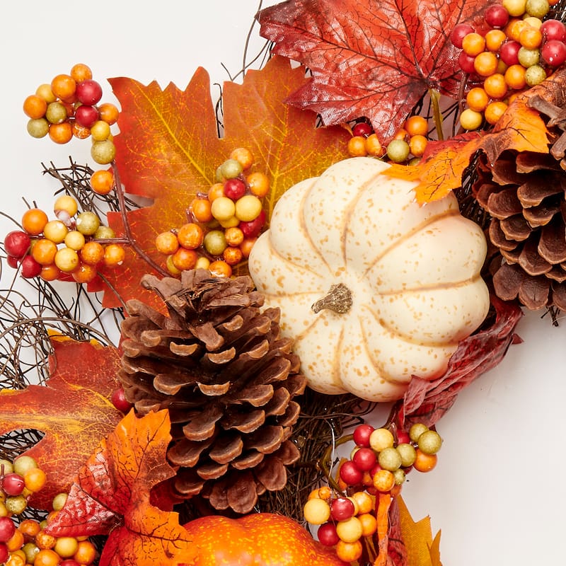 24" Pumpkin Berries Pine Cone Wreath on Wild Twig Base