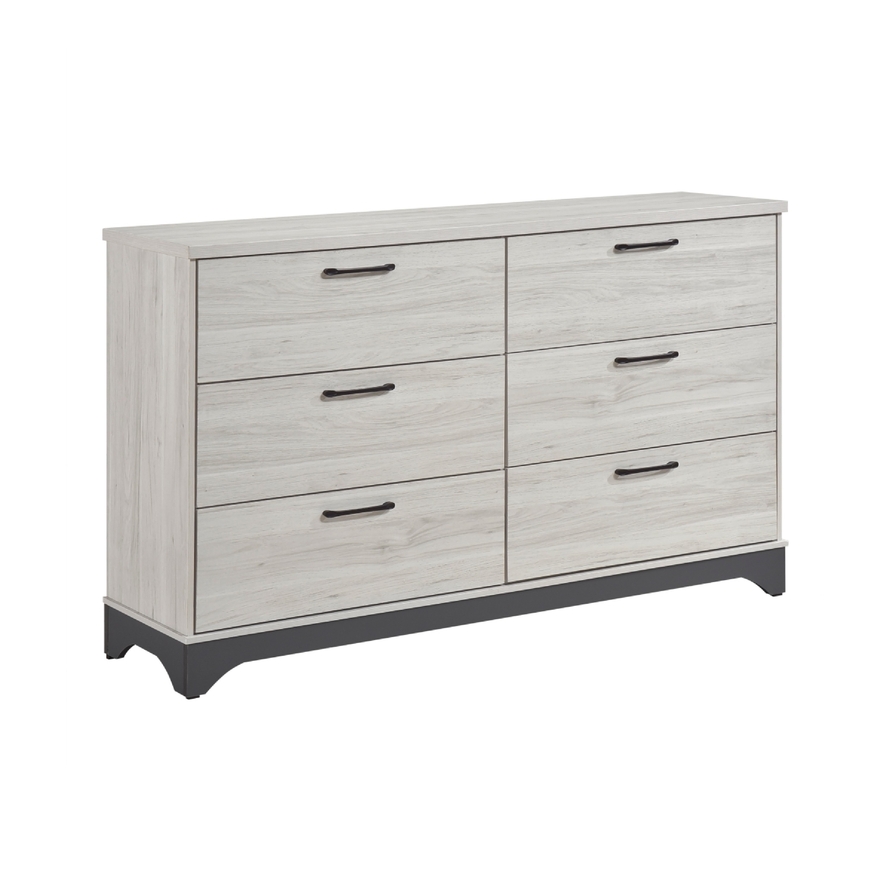Wly Wide Dresser, 6 Drawers with Black Handles, White Oak & Gray