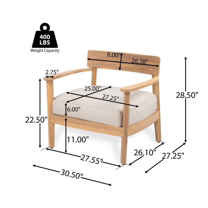 Roomfitters Mallorca Outdoor Acacia Wood Club Chair with Seat Cushion, Teak Finish and Beige Fabric