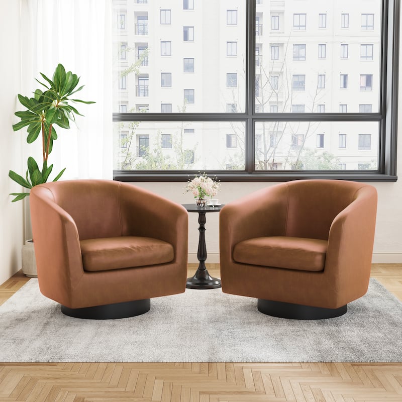 Faux Leather Wide Seat Swivel Barrel Chair - 2 Set - Brown/2Set