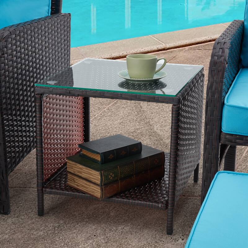 AVAWING 5-Piece Outdoor Blue Wicker Rattan Conversation Set with Ottoman Table