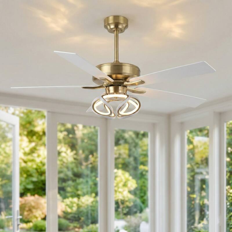 52" Gold Plywood Modern Dimmable Smart Ceiling Fan with LED Light and Remote, App Control