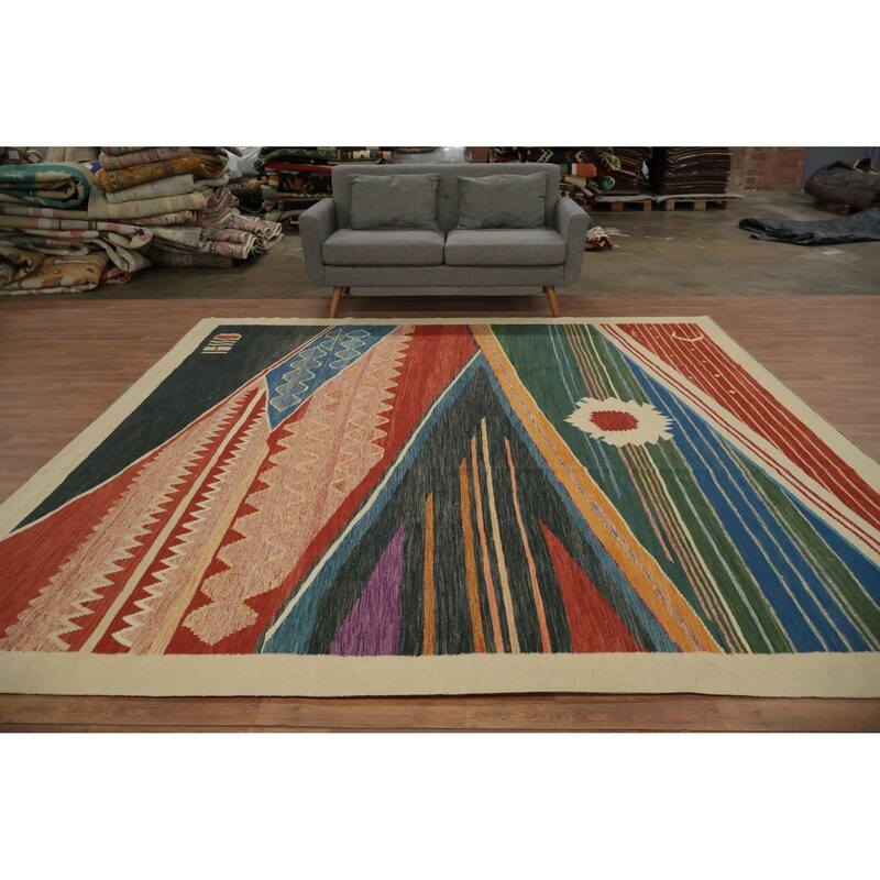 Hand Woven Oriental 100% Wool Carpet Southwestern Modern Multi-Colored Kilim Area Rug - 10' 0'' X 10' 1''