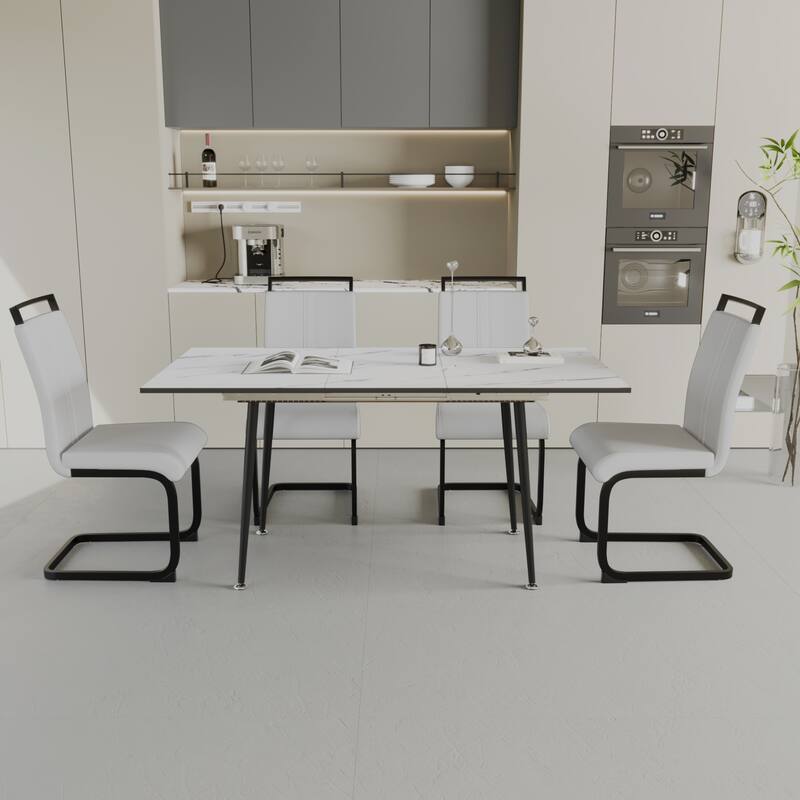 5-Piece Expandable Dining Table Set with C-shaped Tubular Cushioned Armless Chair, Scratch Resistant Plastic Feet
