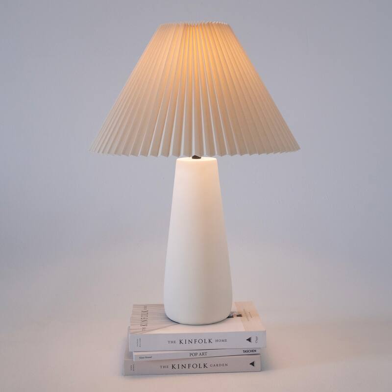 Brightech Gwen 25 in Off-White Cream Mid-Century 9W 800Lm 3000K LED Contemporary Round Table Lamp With Cream Cotton Empire Shade