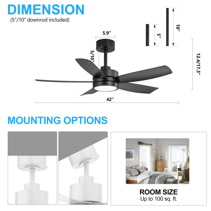 Breezary 65"/52"/42" 5-Blade LED Ceiling Fan with Light Kit and Remote