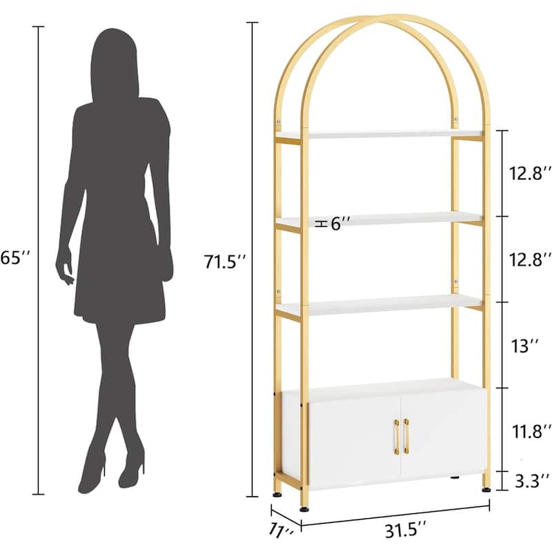 5 Levels Bookcase, Arched Shelf with Doors - 11D*31.5W*71.5H