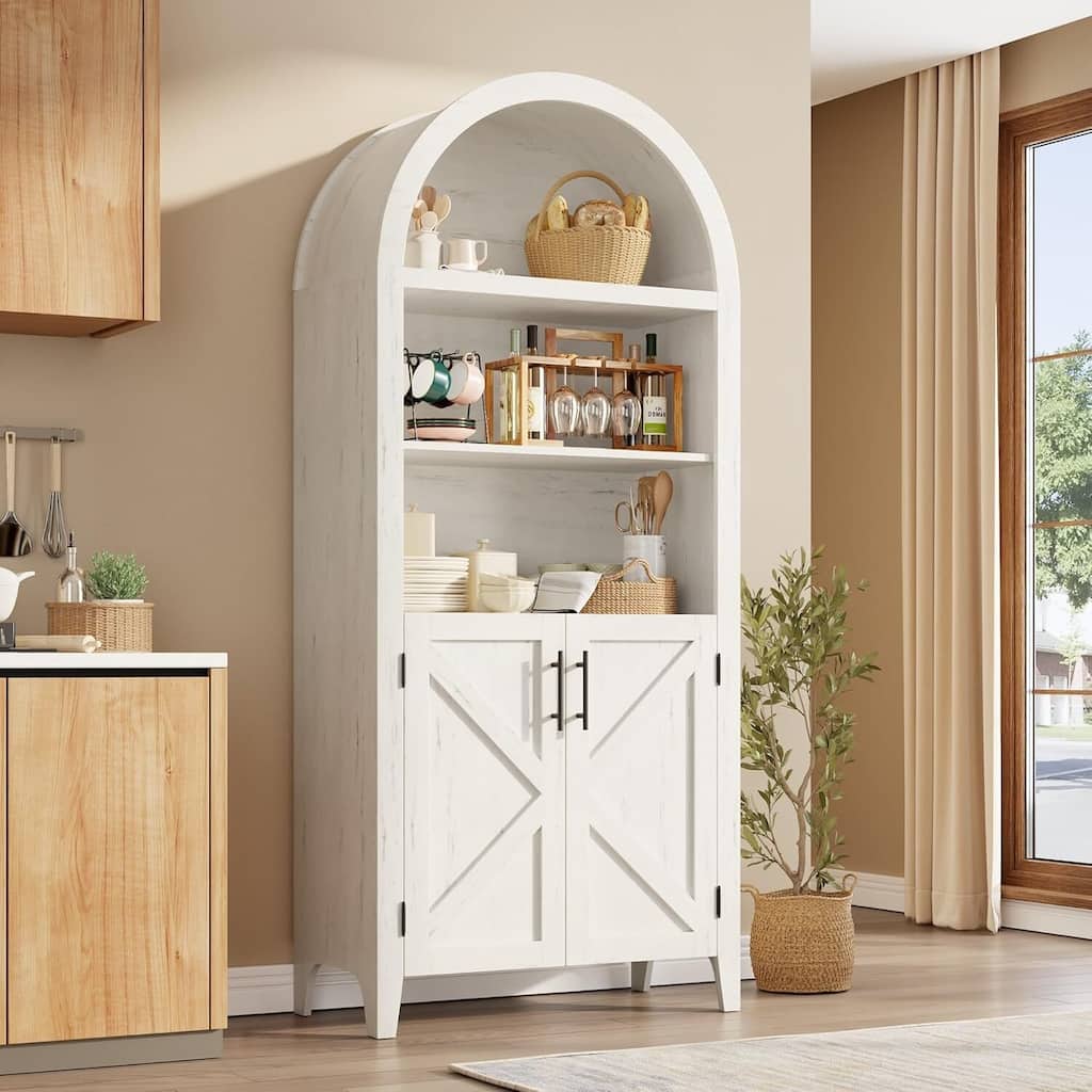 Arched Bookcase, Kitchen Pantry Storage Cabinet with Open Display Shelf