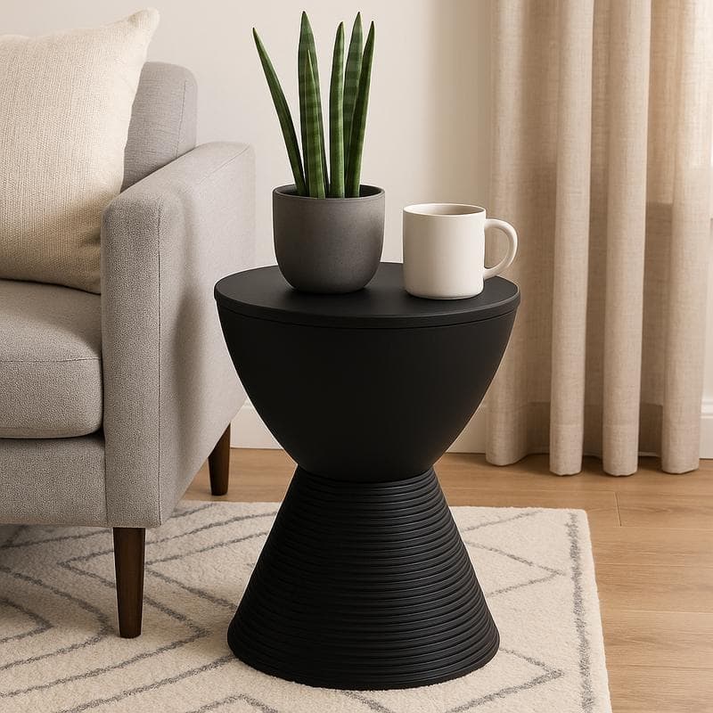 Boyd Modern Round Hourglass Polypropylene Drum Side Accent Table with Ribbed Design Base Storage for Indoor Outdoor Patio