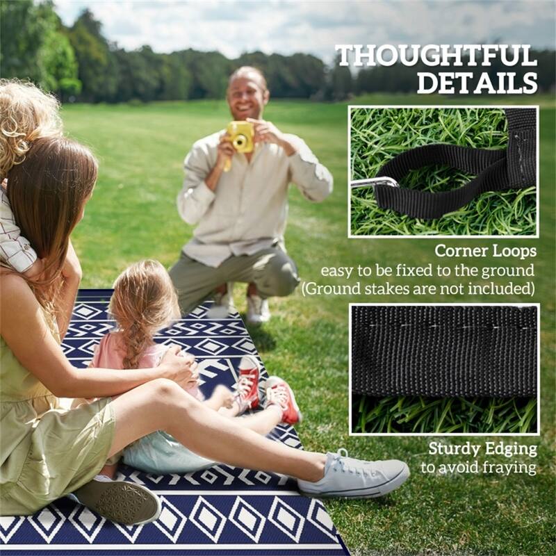 Reversible Outdoor Rug Rhombus Border UV Protected Foldable Camping RV Patio Picnic Mat