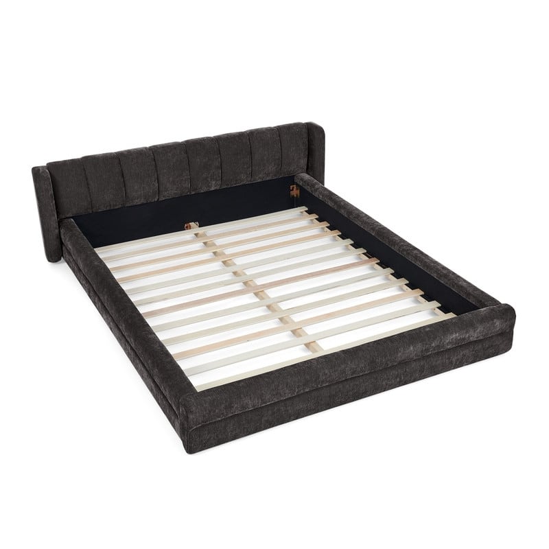 Queen-Sized Chenille Upholstered Bed with Headboard and Solid Frame.