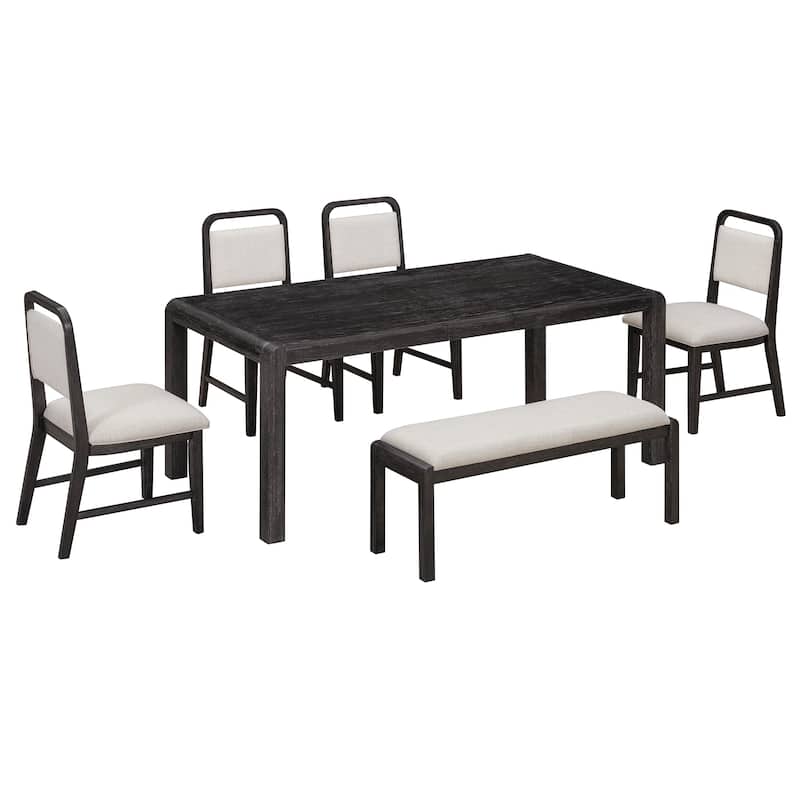 6-Piece Vintage Extendable Dining Table Set for 4-6 with 4 Upholstered Chairs & Bench, Rustic Wire-Brushed Kitchen Table
