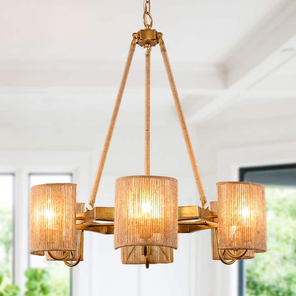 6-Light Bohemian Natural Jute Rope Woven Chandelier Pendent Ceiling Light