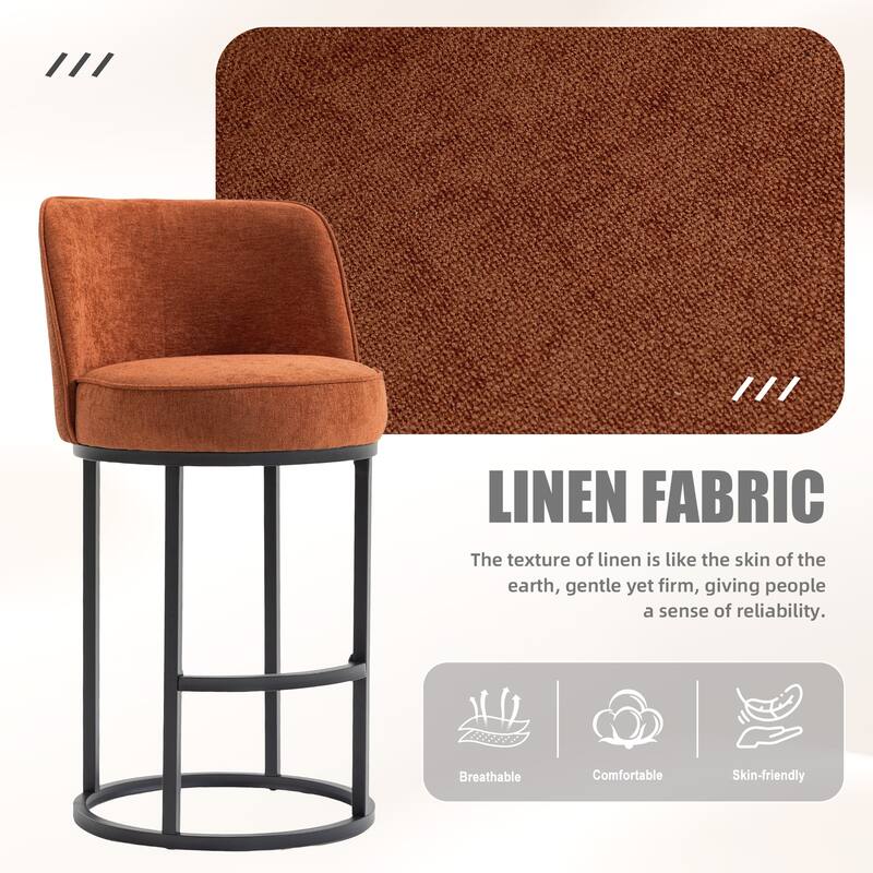 Set of 2 Modern Barrel Counter Stools with Backrest, Linen Upholstered Bar Stools for Kitchen Island