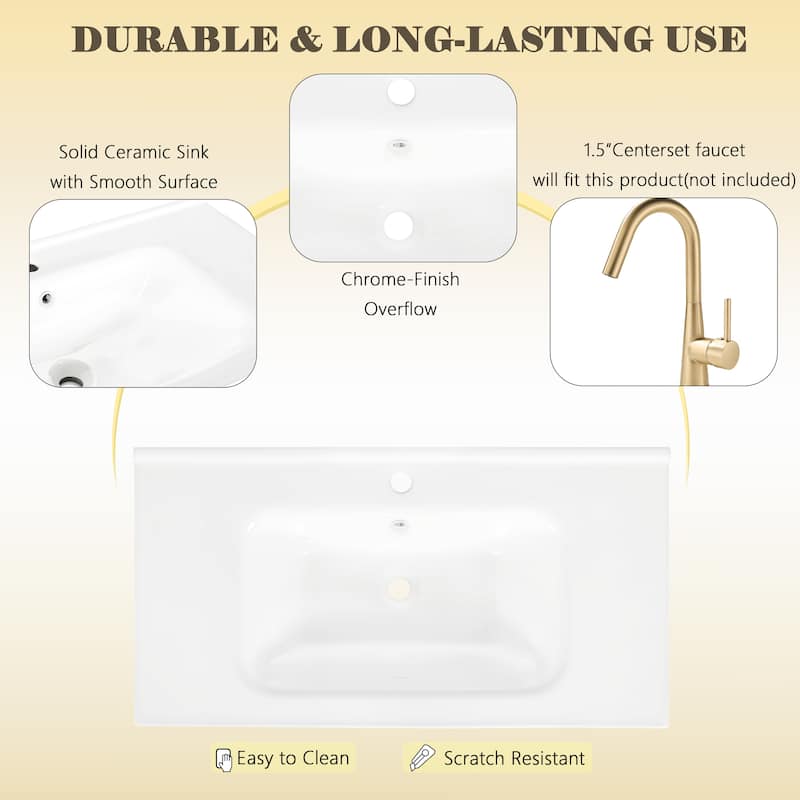 Modern Single Sink Bathroom Vanity Cabinet with Motion-sensor Light Strip & Patterned Glass, Ceramic Integrated Basin