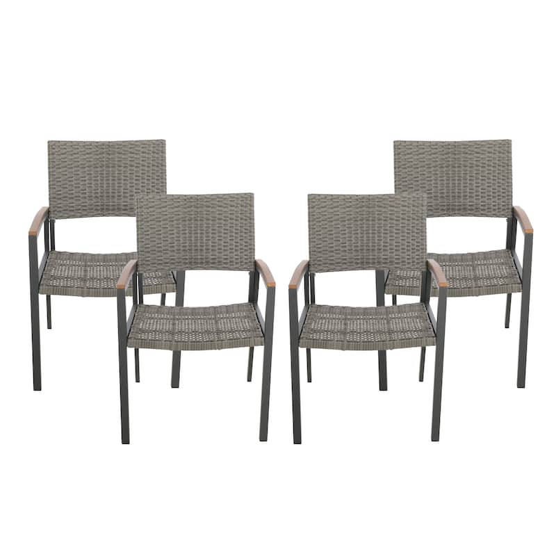 Luton Aluminum Outdoor Dining Chairs with Faux Wood Accents by Christopher Knight Home - Gray + Faux Rattan