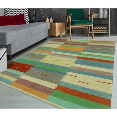 Hand-Woven Winchester Kilim Nilofer Blue/Red Rug - 6'8" x 9'9"
