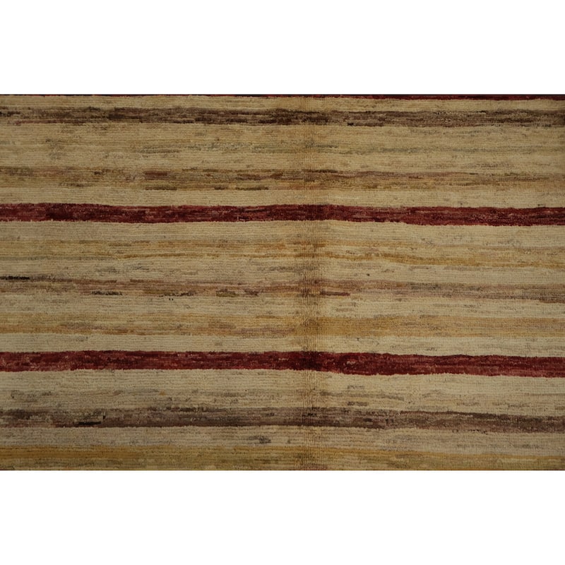 Hand Knotted Oriental 100% Wool Carpet Modern Stripe Beige & Ivories Gabbeh Area Rug - 9' 7'' X 6' 6''