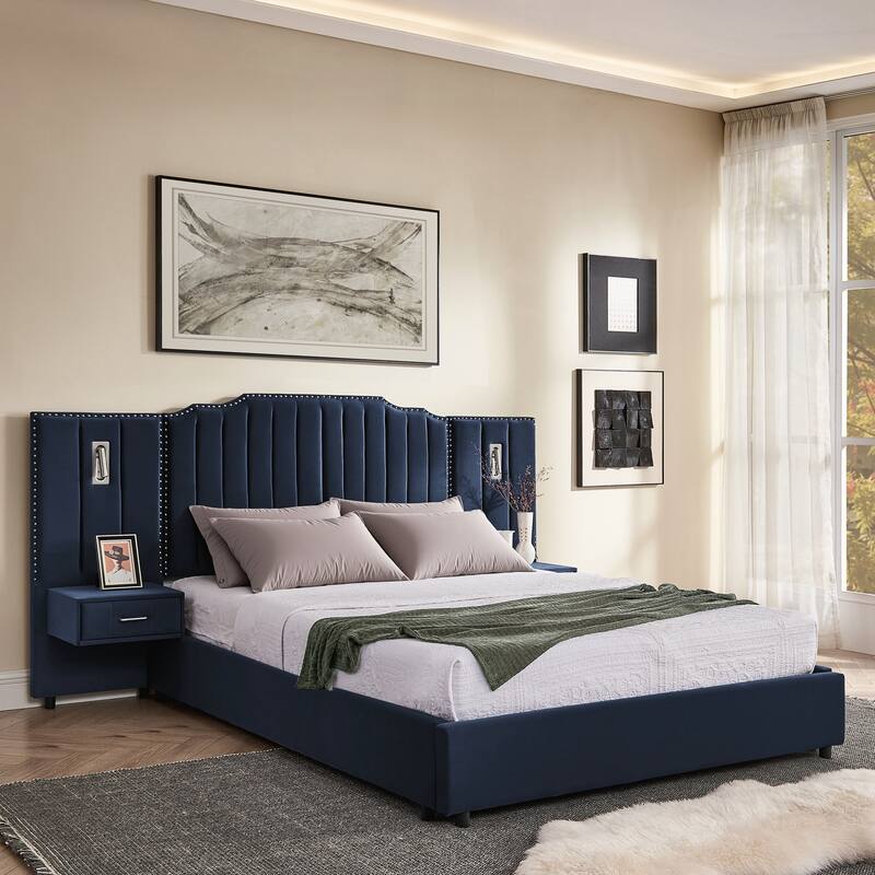 Queen Size Upholstered Bed Frame , Vertical Stripe Design with Buttons Around Platform Bed with Headboard