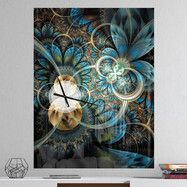 slide 2 of 12, Designart 'Symmetrical Blue Gold Fractal Flower' Oversized Modern Wall CLock 30 in. wide x 40 in. high