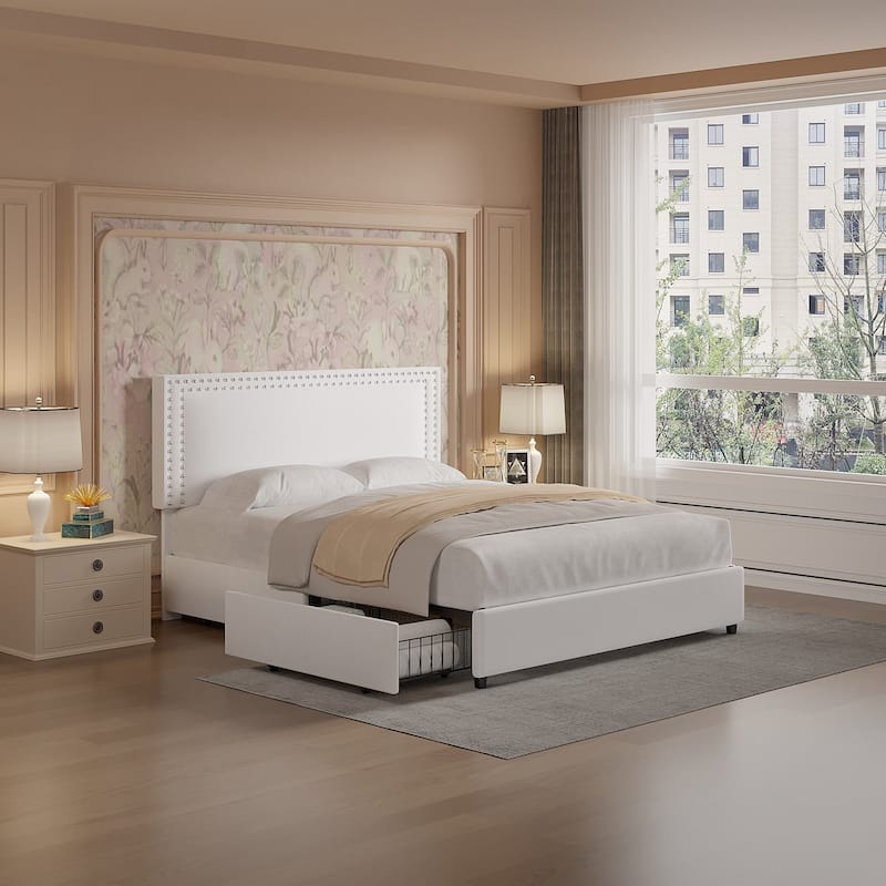 VECELO Upholstered Storage Bed Frames with 4 Storage Drawers Platform Bed Frame with Adjustable Velvet Rivets Headboard