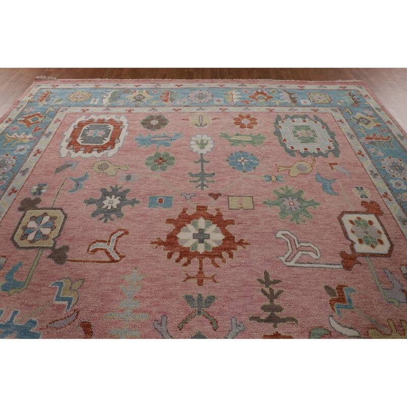 Pink Floral Oushak Oriental Large Area Rug Hand-Knotted Wool Carpet - 9'6" x 14'1"