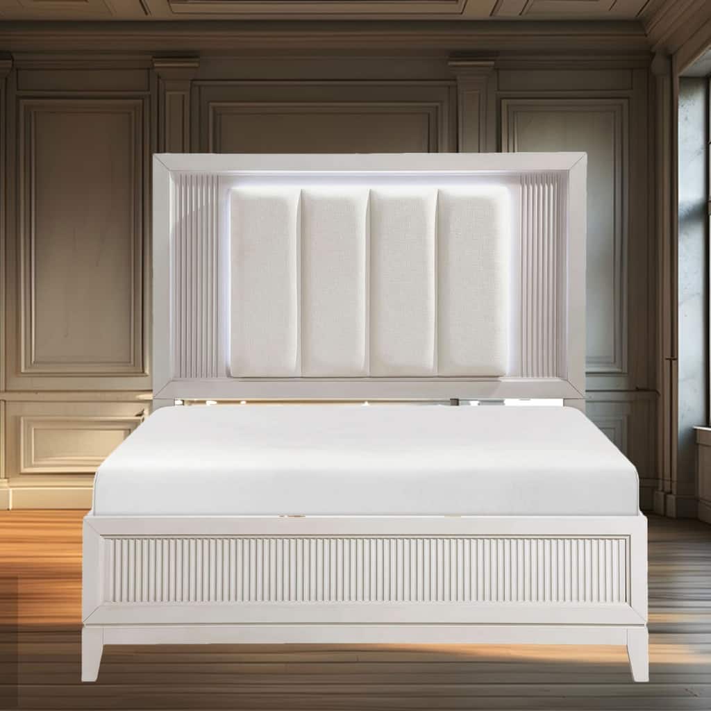 Queen Bed with LED Headboard and Upholstered Cushion, Reeded Fronts, Modern Bedroom Furniture - Antique White Finish