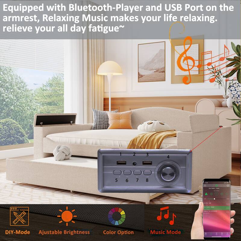 Upholstered Daybed with Storage Armrests, Trundle and Latest Integrated Bluetooth Audio System