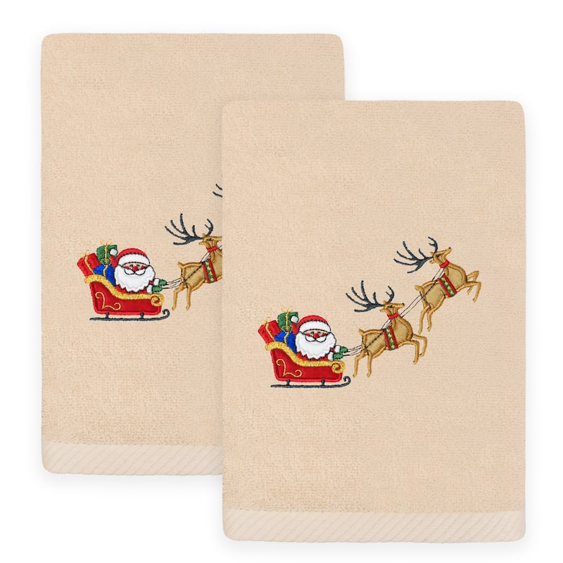Authentic Hotel and Spa Christmas SANTA'S SLED Embroidered Luxury 100% Turkish Cotton Hand Towels Set of 2 - Sand