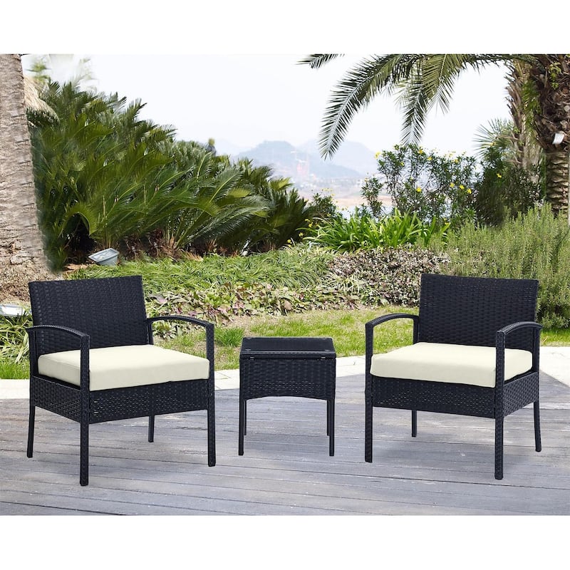 Manhattan Comfort Noli Steel Rattan 3-Piece Patio Conversation Set with Cushions - Cream