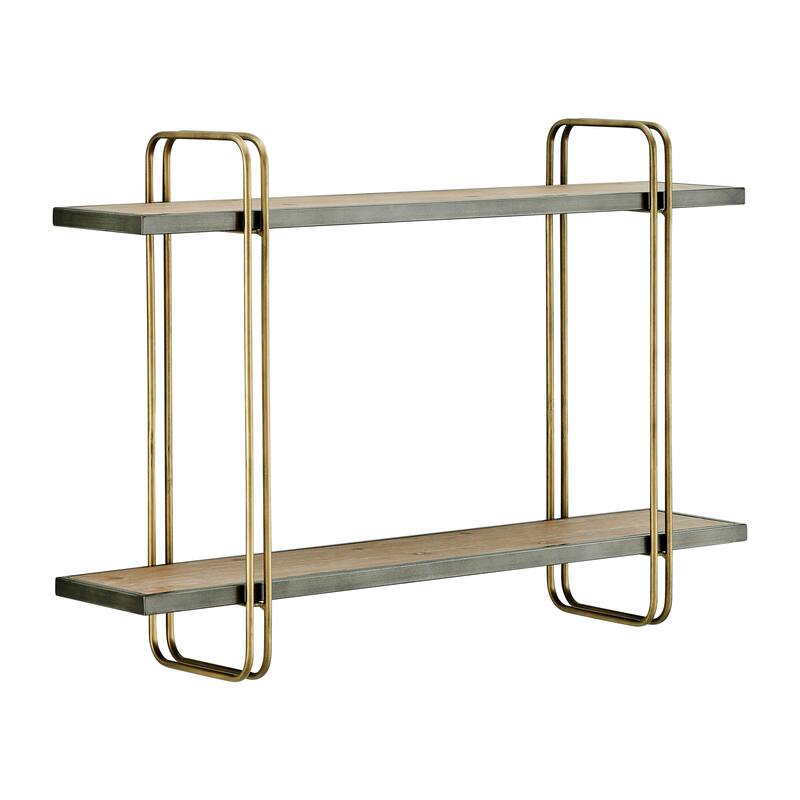 Danya B. Two-Tier Warm Gold and Washed Oak Brown Metal Hanging Bracket Wall Mounted Shelf