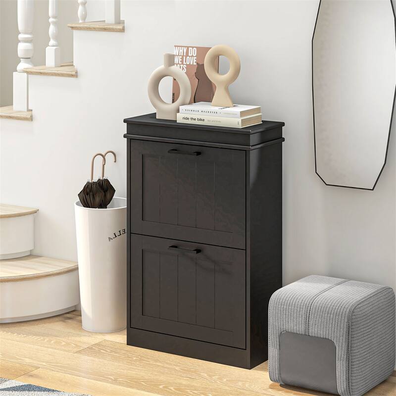 Narrow Shoe Storage Cabinet with 2 Flip Drawers and Adjustable Shelves