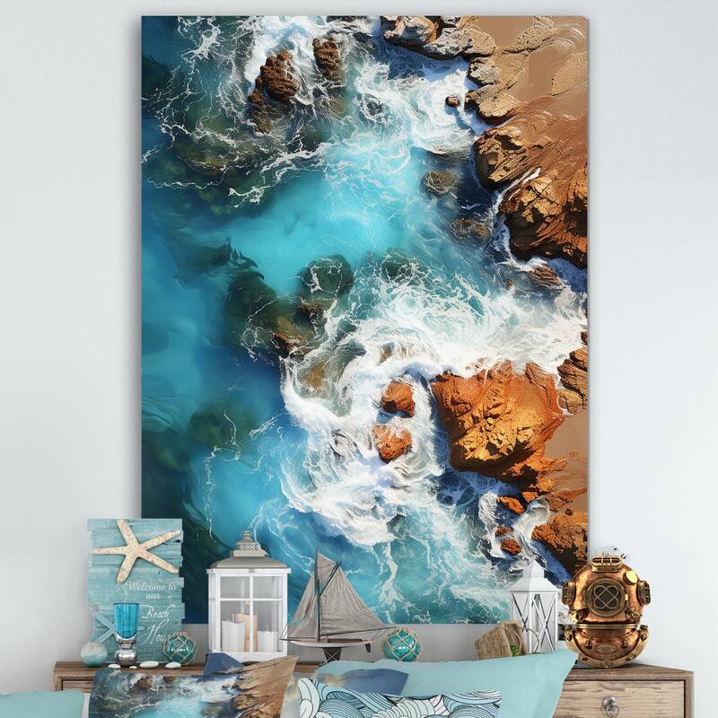 Designart "Coral Dreams Coastal Aerial Views III" Coastal Beach Wall Décor White - Coastal Print Art For Living Room