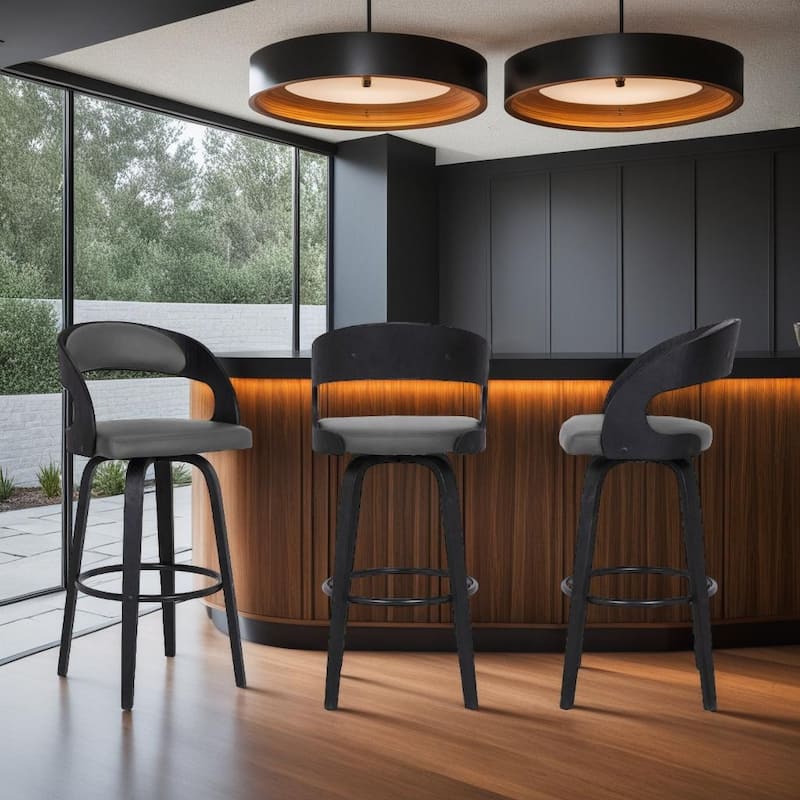 Shelly Mid-Century Swivel Bar Stool, Upholstered Counter Height Chair with Bentwood Legs - Grey & Black - Bar Height