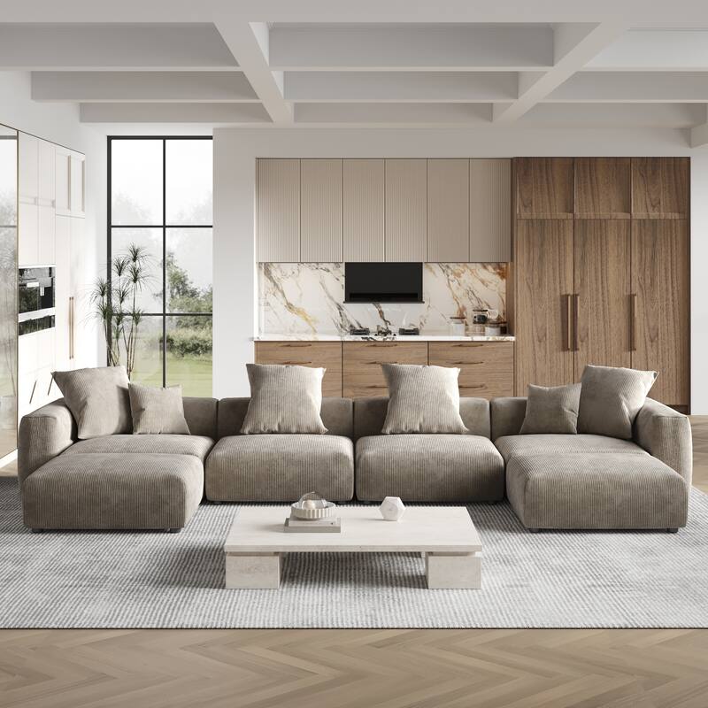Large U-Shape Linen Reversible Modular Seating Component Sectional with 2 Ottoman - Brown