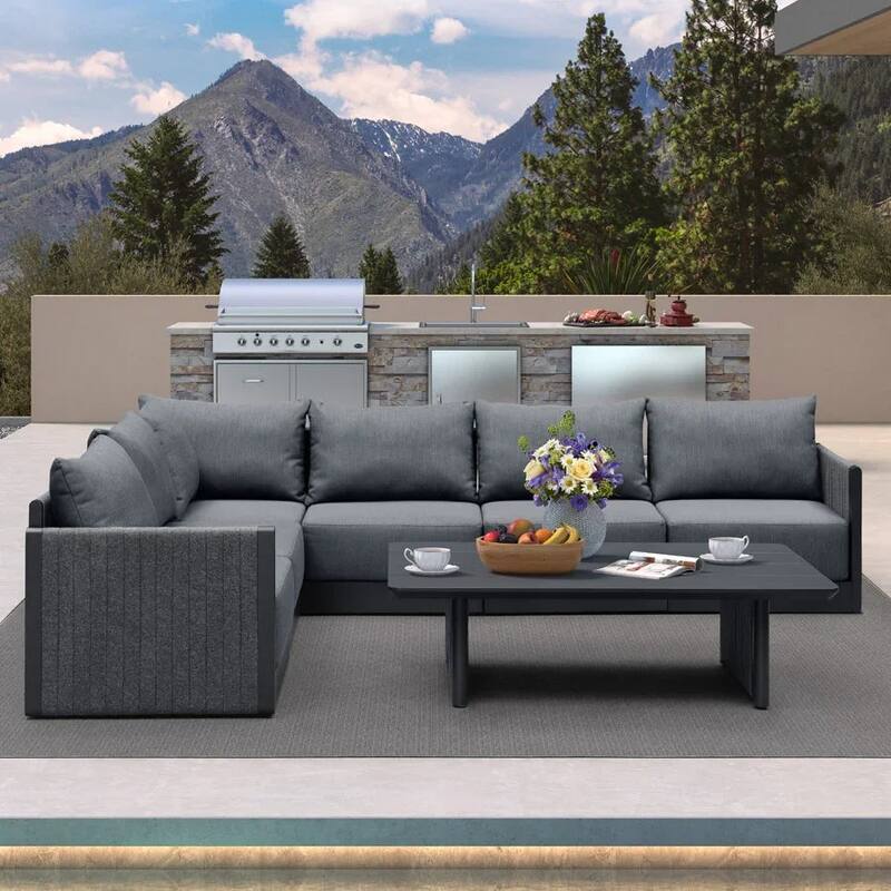 PURPLE LEAF Sanori Sectional Sofa Patio Conversation Set with Grey Ottoman and Cushion for Poolside Graden Couch - L-shaped - 6-Piece+1-Table