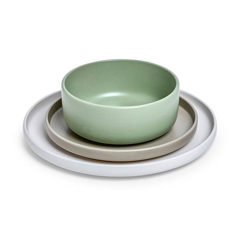 Sango Rollo Alta 12-Piece Stoneware Dinnerware Set, Sage/Sand/White- Microwave & Dishwasher Safe