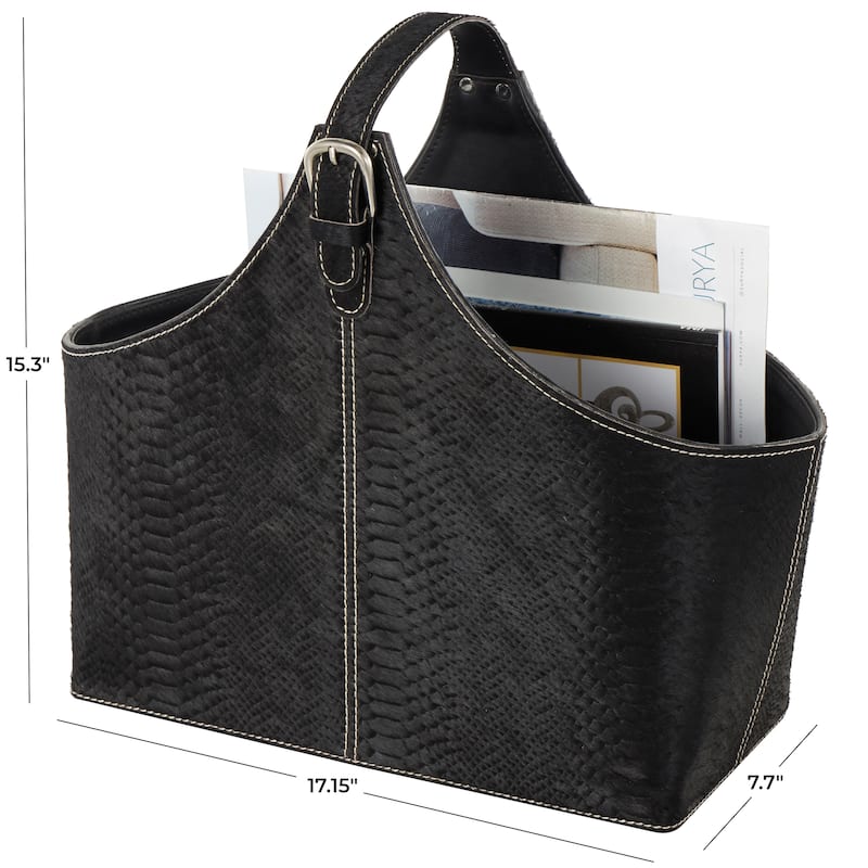 Brown, Dark Brown, Gray or Black Leather Handmade Box Style Single Slot Decorative Magazine Holder with Curved Buckle Handle