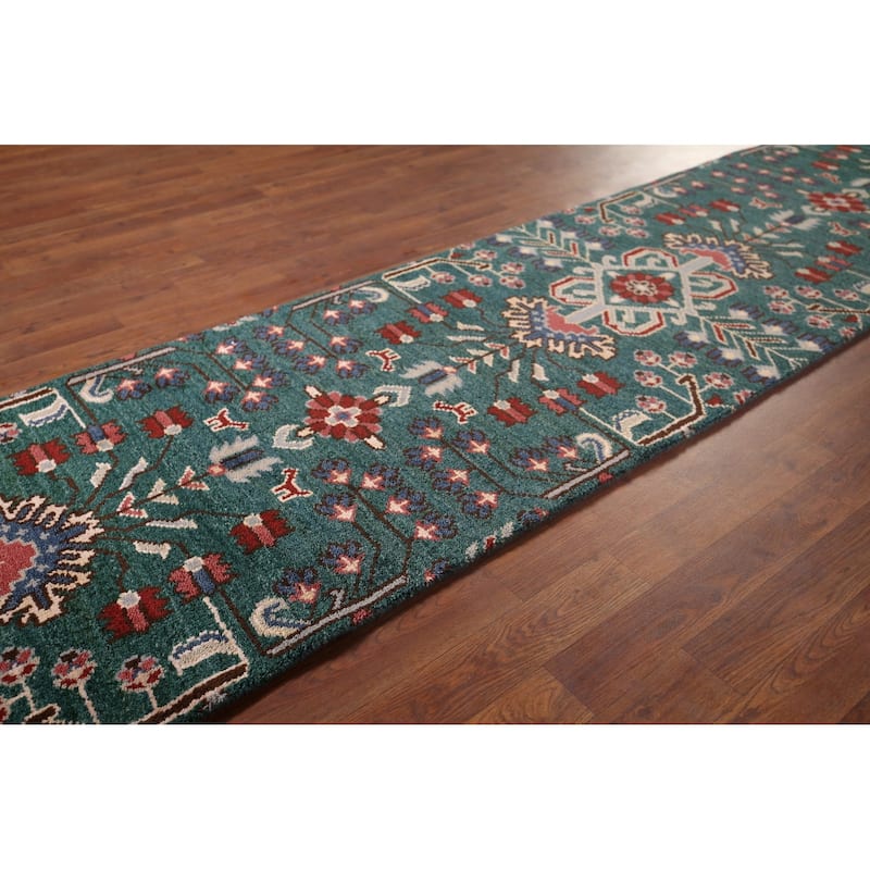 All-Over Green Kazak Oriental Runner Rug Handmade Wool Carpet - 2'6"x 9'11"