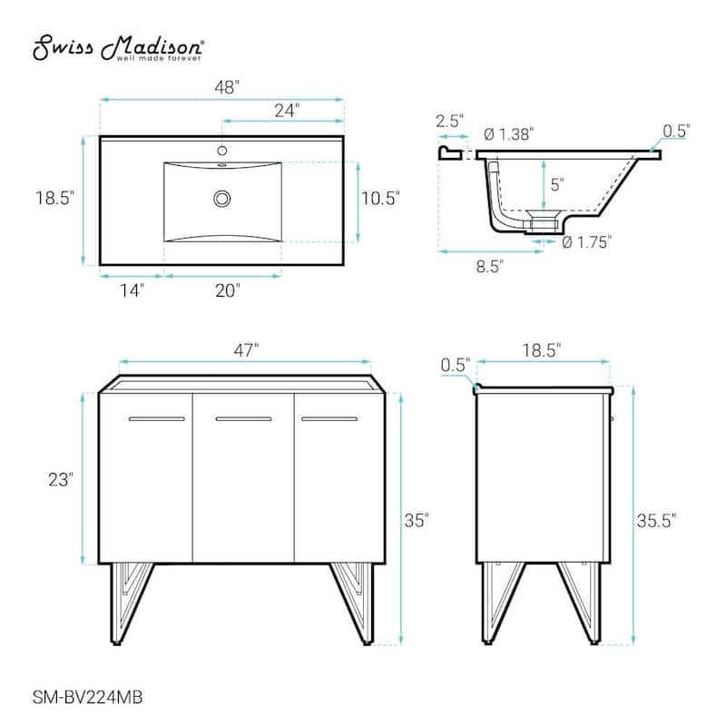 Swiss Madison SM-BV224MB Annecy 48" Free Standing Single Basin Vanity